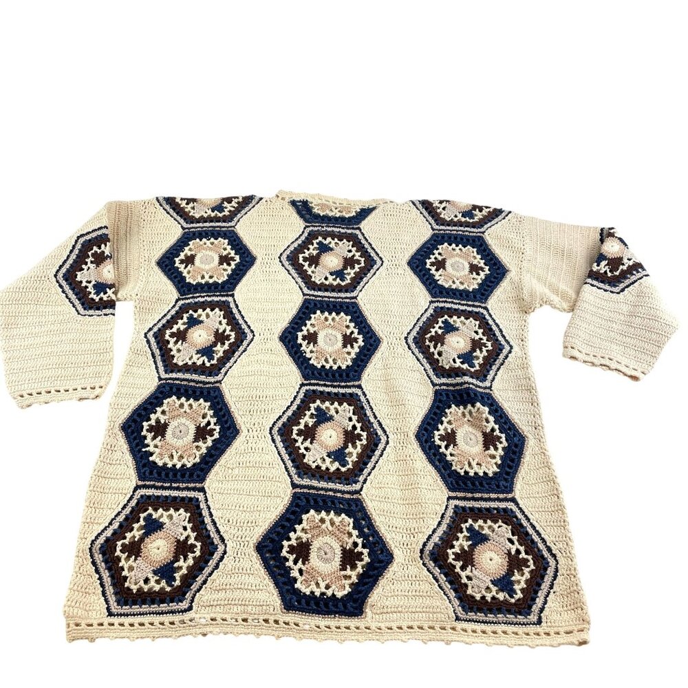 Crocheted Granny Square 3/4 Sleeve Sweater Copper Key Cream Sz S